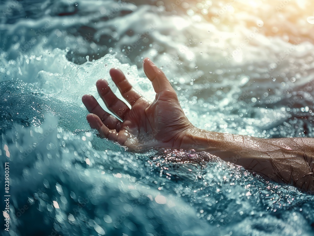 Hand reaching out of sea, urgent need, concept of drowning, (close up, focus on), high seas, foreboding light, vibrant, Multilayer, choppy water backdrop