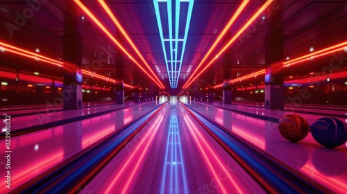 A vibrant bowling alley with colorful neon lights. Perfect for sports and entertainment concepts