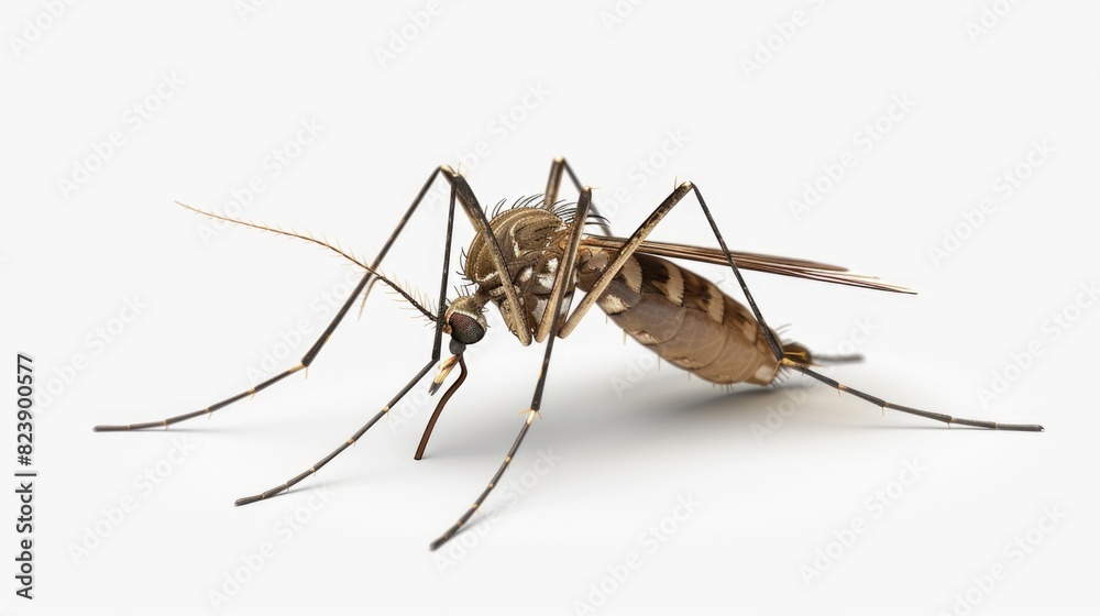 A mosquito resting on a white background. Suitable for pest control or health-related concepts