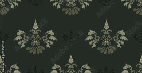 Floral pattern in textile art with a seamless black background.