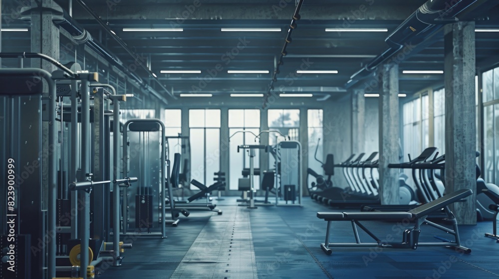 A modern gym with various exercise machines and benches. Ideal for fitness and health-related concepts A modern gym with various exercise machines and benches. Ideal for fitness and health-related concepts