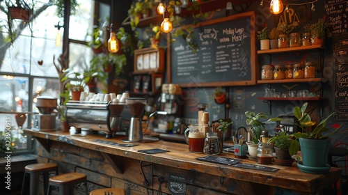An inviting and cozy coffee shop with a rustic interior, featuring wooden counters, hanging plants, soft lighting, and detailed chalkboard menus that create a warm and friendly atmosphere for