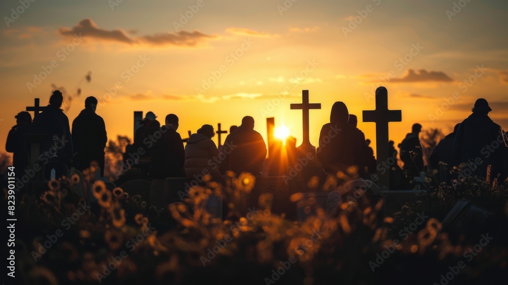 A group of people are gathered around a cross in a cemetery at sunset