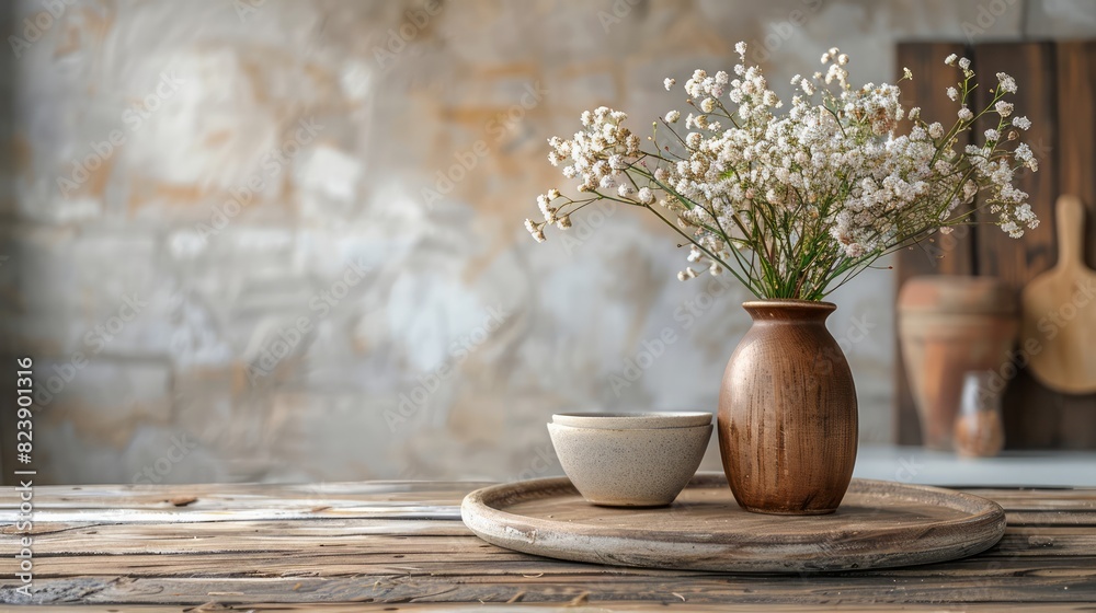 A vase of white flowers sits on a wooden tray A vase of white flowers sits on a wooden tray