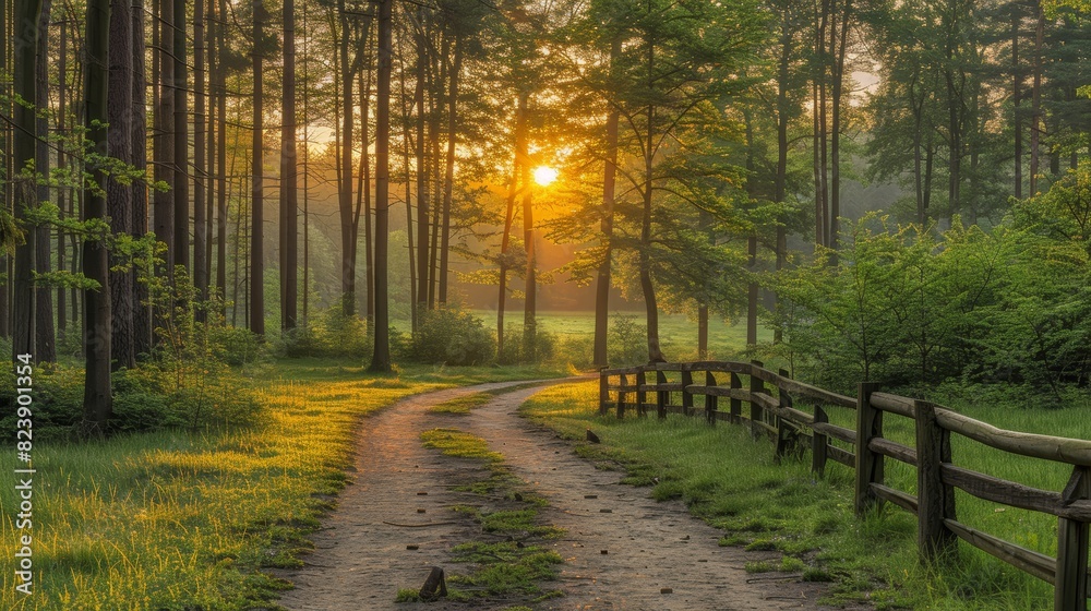 A serene forest path illuminated by the warm glow of the setting sun, surrounded by lush greenery and a wooden fence, creating a peaceful and tranquil scene