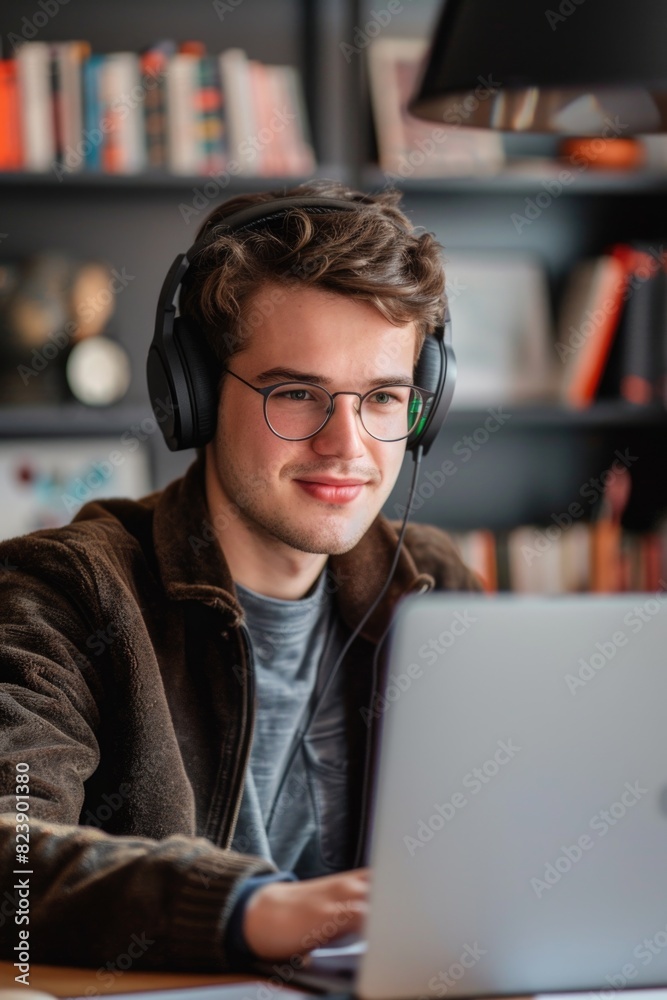 A man wearing headphones while using a laptop. Suitable for technology concepts A man wearing headphones while using a laptop. Suitable for technology concepts