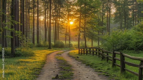 Obraz na płótnie A serene forest path illuminated by the warm glow of the setting sun, surrounded by lush greenery and a wooden fence, creating a peaceful and tranquil scene w salonie