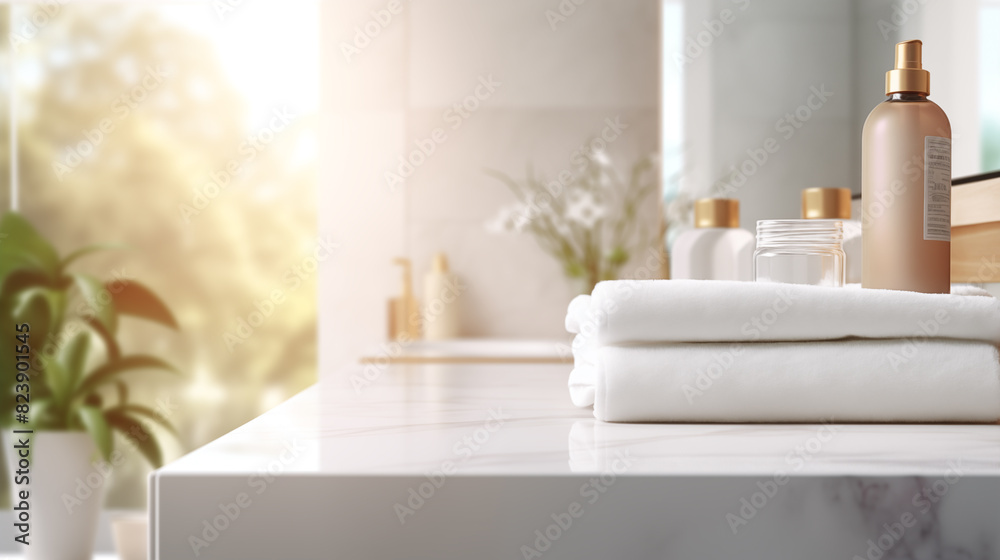 White marble tabletop, empty podium product display, over blurred bathroom background with shampoo, towels, mirror, window. White marble tabletop, empty podium product display, over blurred bathroom background with shampoo, towels, mirror, window.