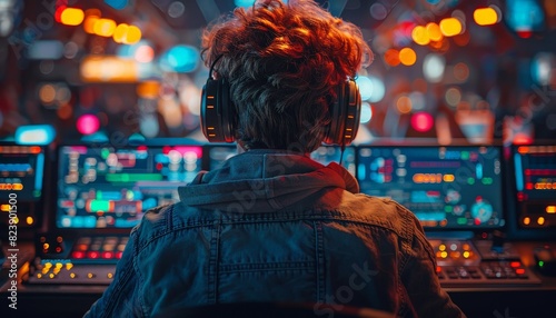 A gamer with headphones sits at a computer desk, focused on the screen with colorful lights in the background.