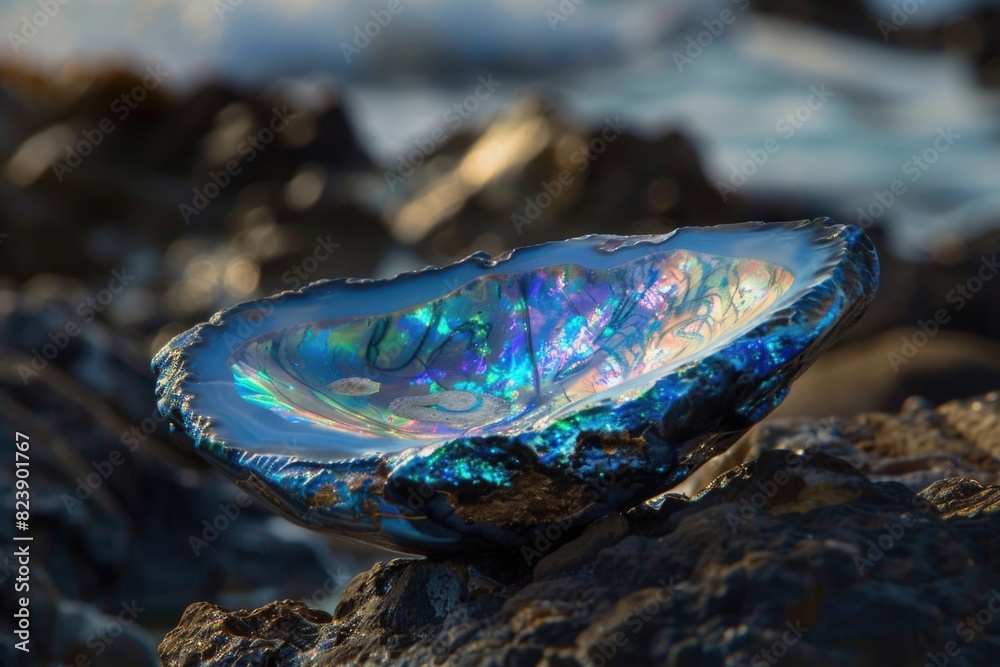 A blue shell resting on a rocky beach, perfect for nature backgrounds A blue shell resting on a rocky beach, perfect for nature backgrounds