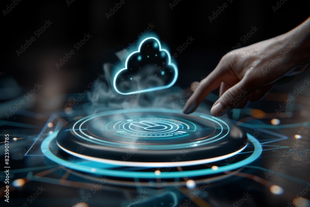 Hand interacting with holographic digital cloud for secure online data protection and network safety Hand interacting with holographic digital cloud for secure online data protection and network safety