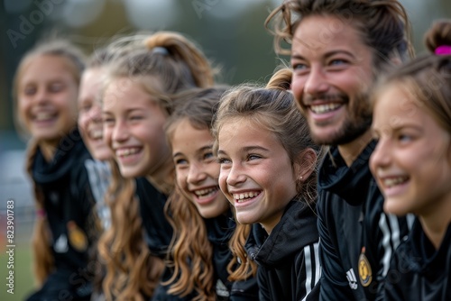 A group of young girls and their coach smile happily after a successful soccer game.