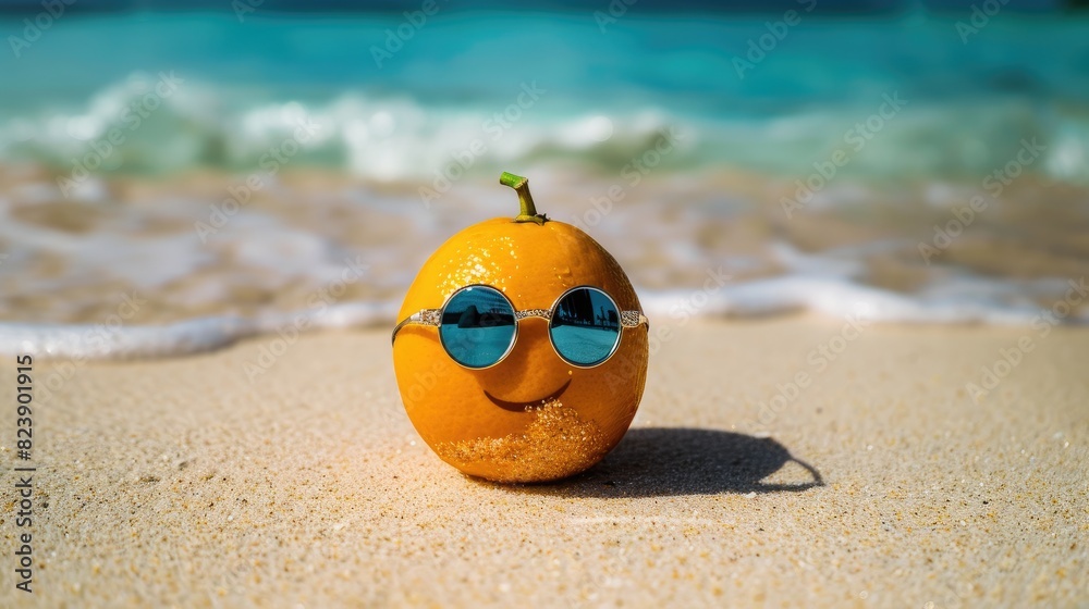 Naklejka premium Citrus Cool: Orange With Sunglasses Relaxing on Beach Sands