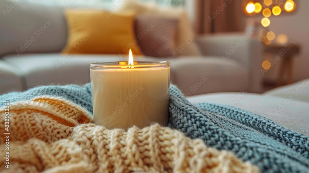 A candle is lit in a glass jar on a blanket A candle is lit in a glass jar on a blanket