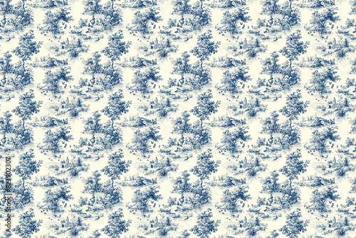 Obraz na płótnie Blue Toile de Jouy Fabric Pattern w salonie