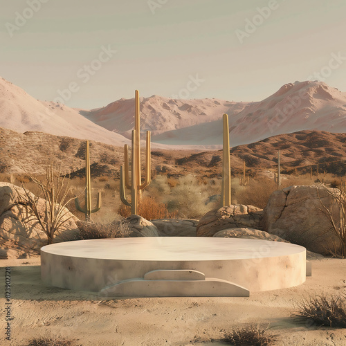 An empty platform as a mockup with desert in the background
