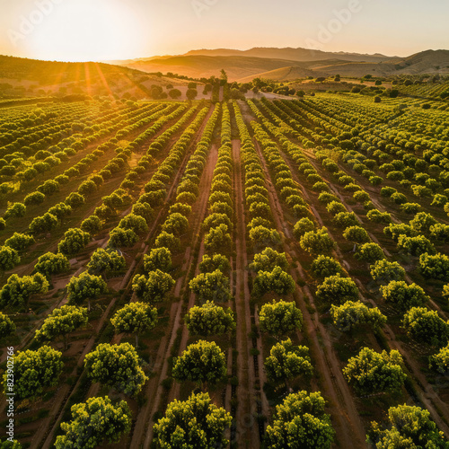 Sunset over a pistachio orchard