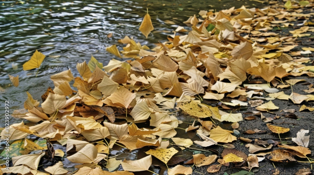 A serene scene of golden brown autumn leaves gathered on the shore of a calm river, showcasing the tranquil beauty of the changing seasons A serene scene of golden brown autumn leaves gathered on the shore of a calm river, showcasing the tranquil beauty of the changing seasons