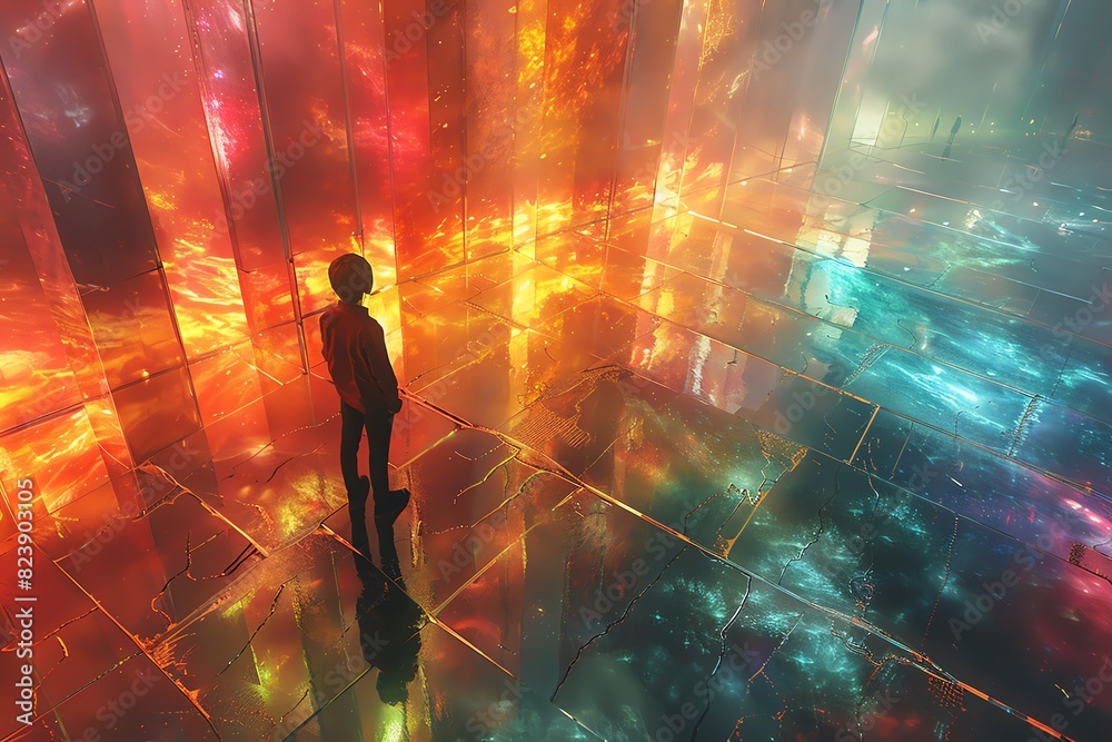 A solitary figure stands amidst a swirling, colorful, abstract cityscape, bathed in glowing light. A solitary figure stands amidst a swirling, colorful, abstract cityscape, bathed in glowing light.
