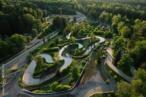 Aerial view of a skate park with lush green trees. Perfect for outdoor sports and recreation concepts photo