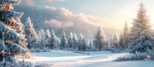 Serene Winter Scene A Peaceful D Rendering of Snowcovered Trees and an Overcast Sky photo