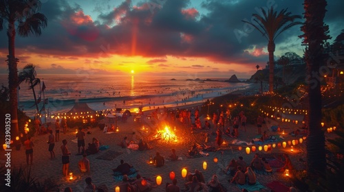 Group of People by Beach Fire Pit