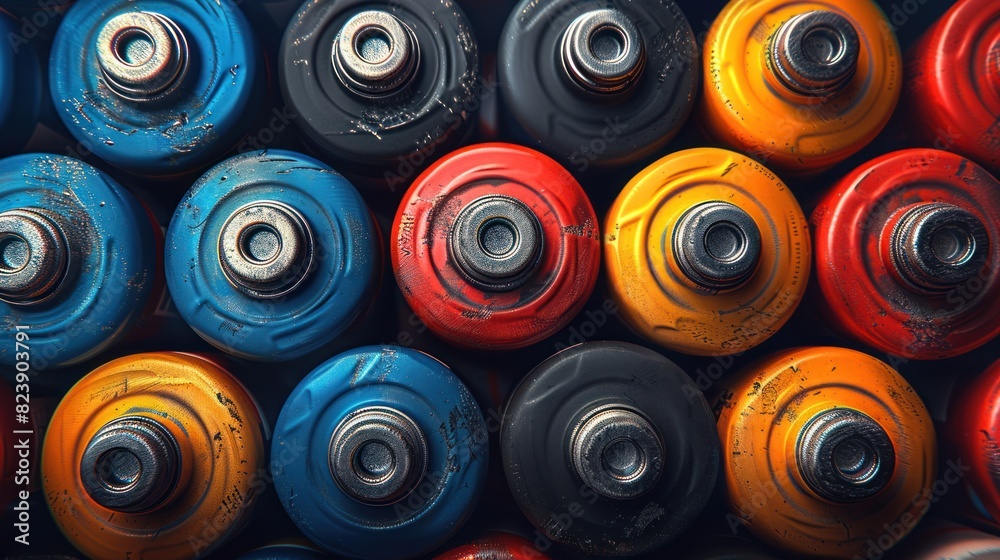 Vibrant Skateboard Wheels Towering in Colorful Array Vibrant Skateboard Wheels Towering in Colorful Array