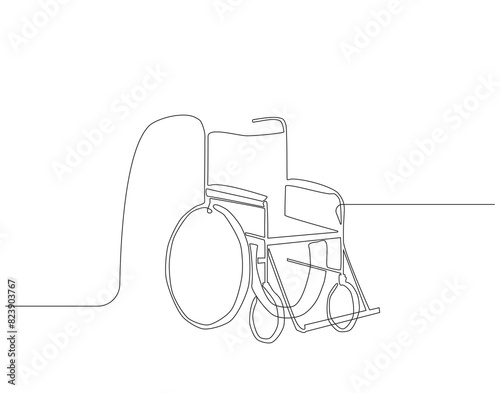 Continuous one line drawing of wheelchair for disabled people . One line drawing illustration of wheelchair. Medical aids concept continuous line art. Editable outline.