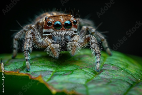 a spider sitting on top of a green leaf, on a dark background