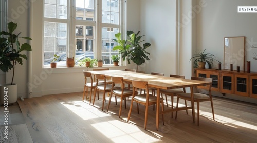 Dining Room Table With White Chairs and Potted Plant