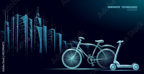 Electric scooter low poly design. Eco micromobility transport last-mile problem solution. Pick up scooter-sharing rental system. E-scooter urban mobility vector illustration