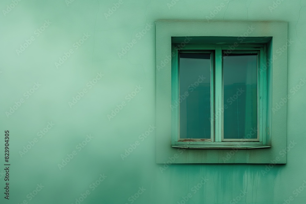 Fototapeta premium Green Window in Painted Wall Exterior Design Abstract Artwork Background Concept, Web Graphic Wallpaper, Home House Digital Art Backdrop