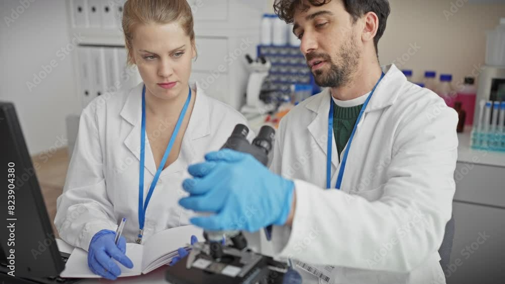 In a laboratory, a woman writes notes while a man examines a sample under a microscope, both wearing white lab coats. In a laboratory, a woman writes notes while a man examines a sample under a microscope, both wearing white lab coats.