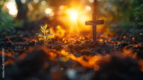 A serene and spiritually uplifting image of a small wooden cross and a young plant bathed in the warm glow of the setting sun, symbolizing new beginnings and hope photo
