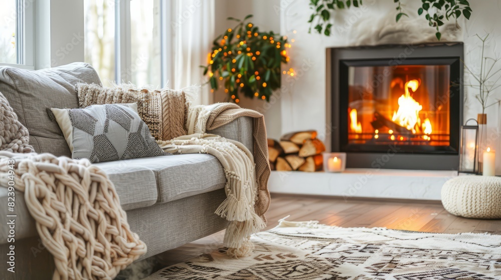 Fototapeta premium A cozy living room with a fireplace and a couch covered in a white blanket
