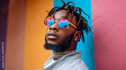 A stylish individual with dreadlocks wearing reflective sunglasses and accessorized with a choker necklace stands against a vibrant multicolored backdrop photo