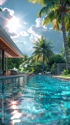 Luxury poolside tropical resort view - Sunlit pool by a modern villa, with palm trees against a clear sky
