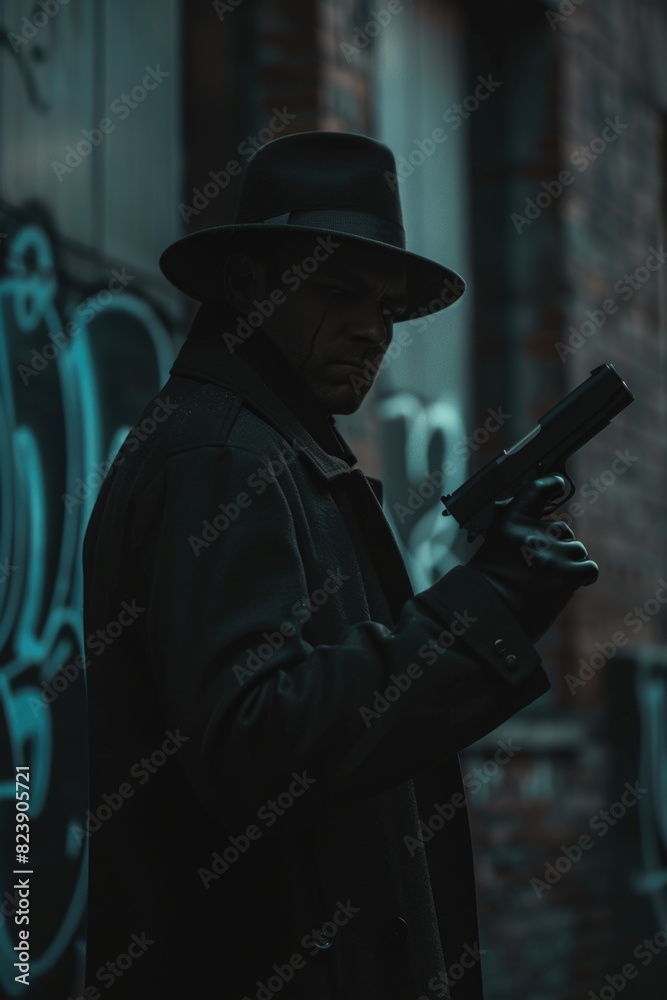 A man in a hat and coat holding a gun. Suitable for crime or detective themes