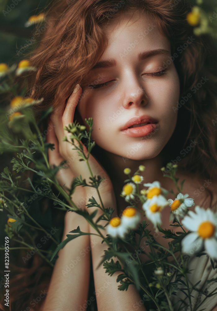 A woman with closed eyes relaxing on a bed of colorful flowers. Suitable for wellness and relaxation concepts A woman with closed eyes relaxing on a bed of colorful flowers. Suitable for wellness and relaxation concepts