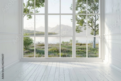 A serene empty room with a large window overlooking a peaceful lake. Suitable for interior design concepts