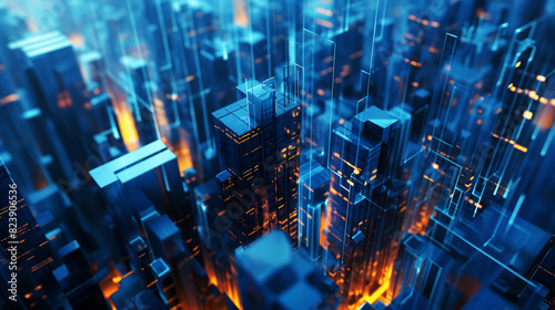 A cityscape with tall buildings and a blue sky