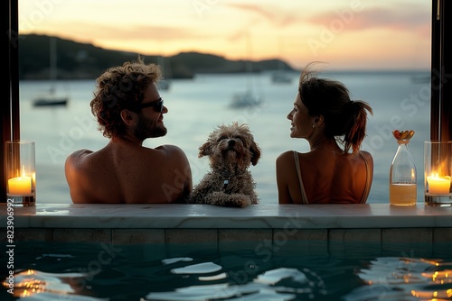 Couple enjoying a serene moment in a hot tub with their dog, during a picturesque sunset overlooking a tranquil water body with distant islands and anchored boats photo