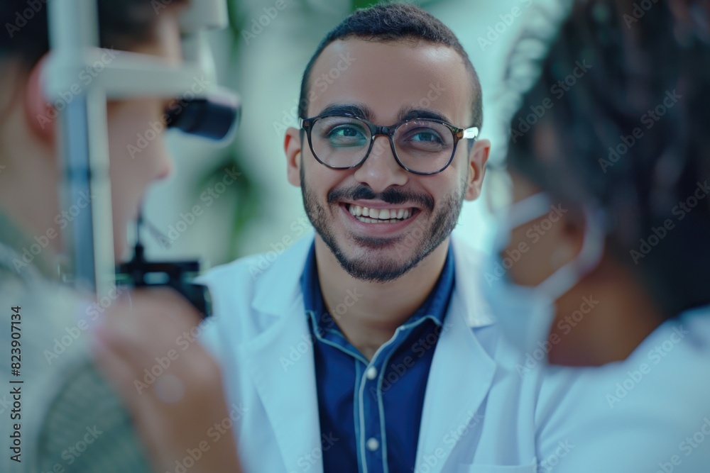A man in a white lab coat smiling. Perfect for medical and scientific concepts A man in a white lab coat smiling. Perfect for medical and scientific concepts