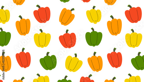 Seamless pattern of red, yellow, green, and orange bell peppers on white background. Simple vector design for textiles, wallpapers, and prints. 