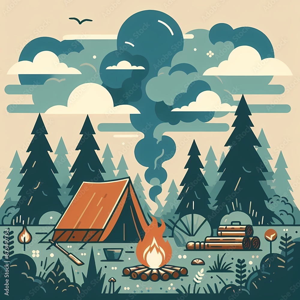 Naklejka premium Cozy Camping Scene with Tent and Campfire in Forest