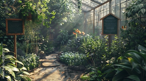 A serene garden with labeled botanical specimens and educational signs. 8k, realistic, full ultra HD, high resolution and cinematic photography