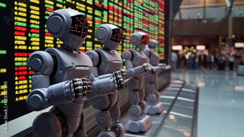 Robots with red LED faces and white bodies analyzing financial data on glowing screens at a stock exchange terminal, depicting advanced trading technology.