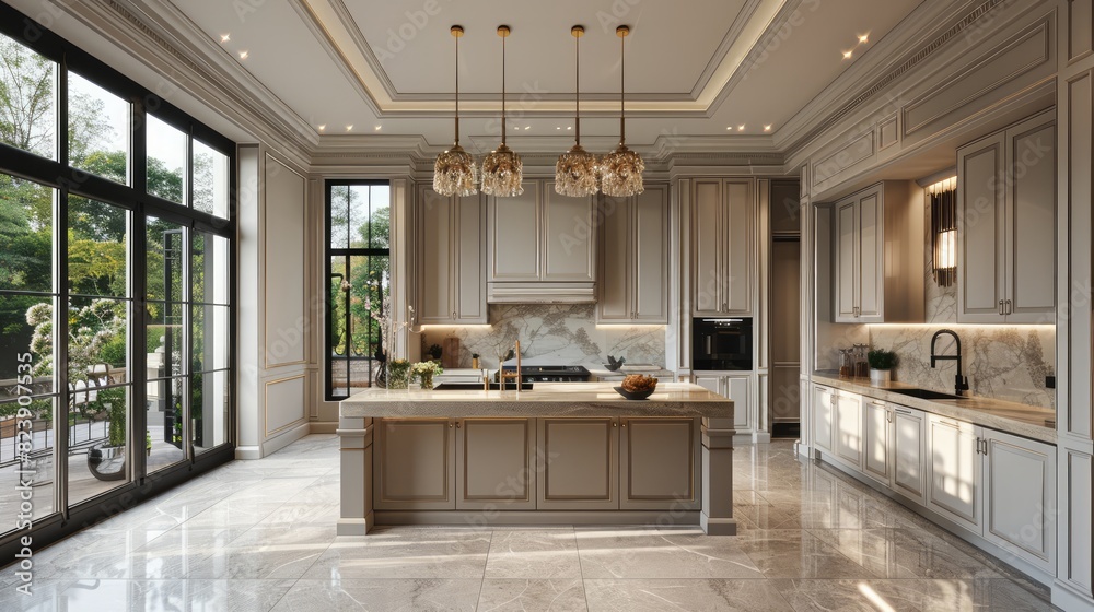 A large, open kitchen with a marble countertop and a large island A large, open kitchen with a marble countertop and a large island