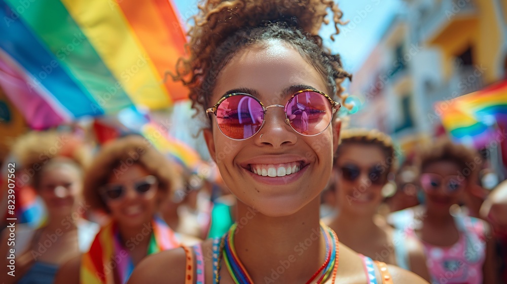 Wide-angle view of diverse teens, including a ladyboy, with rainbow flags and smiles during Pride Month Wide-angle view of diverse teens, including a ladyboy, with rainbow flags and smiles during Pride Month