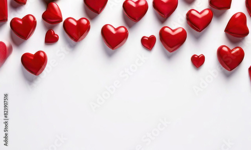 White background with many red hearts all around it with empty space in center
